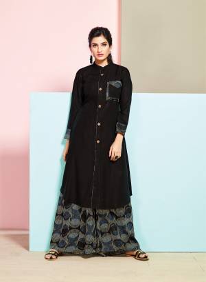 Enhance Your Beauty Wearing This Readymade Kurti In Black Color Paired With Black And Blue Colored Plazzo. This Kurti And Plazzo Are Fabricated On Rayon Cotton Beautified With Prints. Buy It Now.