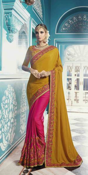 Celebrate This Festive Season Wearing This Saree In Musturd Yellow And Pink Color Paired With Musturd Yellow Colored Blouse. This Saree Is Fabricated On Satin Silk Paired With Satin Silk Fabricated Blouse. Both The Fabrics Are Soft Towards Skin And Easy To Carry All Day Long.