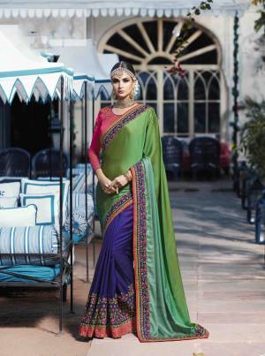 For A Colorful And Attractive Look, Grab This Designer Saree In Green And Violet Color Paired With Contrasting Pink Colored Blouse. This Pretty Saree Is Fabricated On Satin Silk Paired With Art Silk Fabricated Blouse. It Has Contrasting Embroidery Over The Saree And Blouse. Buy Now.
