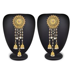 This Lovely Pair Of Earrings Can Be Paired With Any Colored Attire As It Is In Golden Color And Beautified With White Colored Stones And Pearls. 
