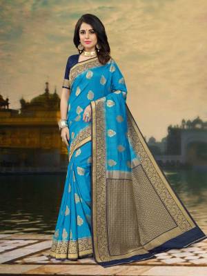 Go With The Shades Of Blue With This Saree In Blue Color Paired With Navy Blue Colored Blouse. This Saree And Blouse Are Fabricated On Art Silk Which Is Durable And Easy To Care For. Buy This Pretty Saree Now.4