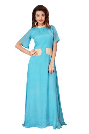 Grab This Simple And Elegant Looking Readymade Gown In Sky Blue Color, This Gown Is Fabricated On Chiffon And Available In Many Sizes. Buy It Now.