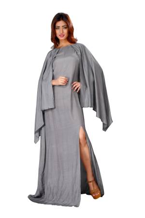 Here Is Trendy Gown Patterned In Cape Sleeves , Grab This Grey Colored Gown Fabricated On Cotton Satin. This Readymade Gown Is Available In Many Sizes.