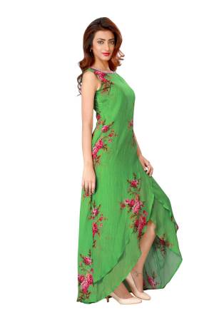 Have A Fresh Look Every Time You Wear This Designer Gown In Green Color Fabricated On Chiffon Beautified With Floral Prints. This Gown Is Available In Many Sizes And Also It Is Easy to Carry Throughout The Gala.