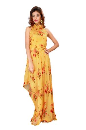 Get Ready To Attend The Next Party With This Designer Readymade Gown In Yellow Color Fabricated On Chiffon Beautified With Floral Prints. Buy Now.