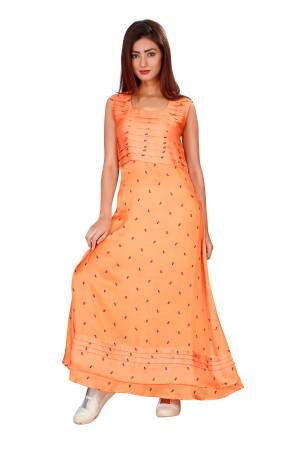 Shine Bright Wearing This Readymade Gown In Orange Color Fabricated On Satin Beautified With Simple Prints. This Readymade Gown Is Light Weight And Easy To Carry All Day Long.