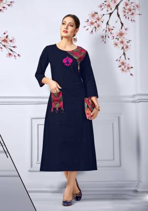 Enhance Youe Personality Wearing This Readymade Kurti In Navy Blue Color Fabricated On Cotton.  This Kurti Is Available In Many Sizes And It Is Easy To Carry All Day Long.