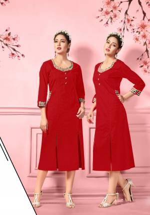 Adorn The Pretty Angelic Look Wearing This Readymade Kurti In Red Color Fabricated On Cotton. Pair This Up With Black Oe Red Colored Leggings For A Formal Look.