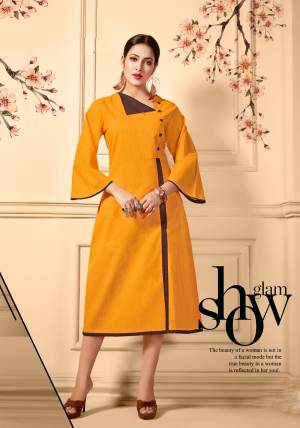 Yellow Color Induces Perfect Summery Appeal To Any Outfit, So Grab This Readymade Kurti In Yellow Color Fabricated On Cotton. Pair This Up With Brown Colored Leggings. Buy Now.