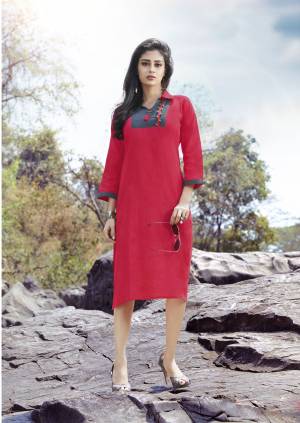 Look Pretty In This Pink Colored Kurti Fabricated On Cotton Beautified With Simple Pattern Over The Collar Neck. This Readymade Kurti Is Available In Many Sizes And Ensures Superb Comfort All Day Long.