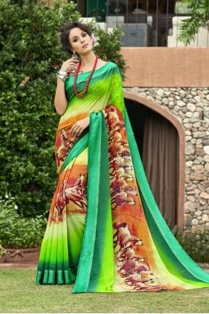 Look Fresh And Attractive Everytime You Wear This Green Colored Saree Paired With Multi Colored Blouse. This Saree And Blouse are Fabricated On Chanderi Silk Which Is Light Weight And Durable. Buy This Saree Now.
