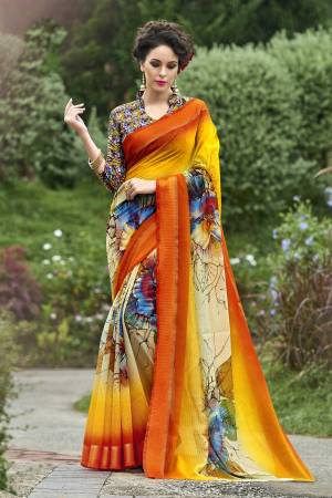 Shine Bright Wearing This Saree In Orange Color Paired With Multi Colored Blouse. This Saree And Blouse Are fabricated On Chanderi Silk Beautified With Prints Over The Saree And Blouse Both. Buy This Saree Now.