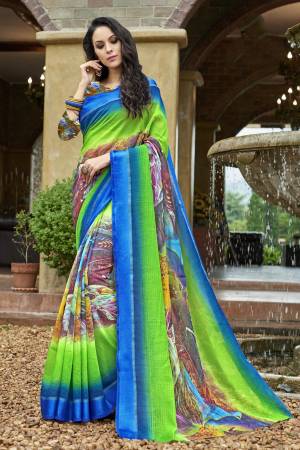 Saree In Cool Color Pallete Is Here. Grab This Beautiful Green And Blue Colored Saree Paired With Multi Colored Blouse. This Saree And Blouse Are Fabricated On Chanderi Silk. As This Saree Is A Mixture Of Silk and Cotton , Thus It Gives Comfort And Look.