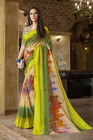 Celebrate This Festive Season Wearing This Saree In Green And Yellow Color Paired With Light Green Colored Blouse. This Saree And Blouse Are Fabricated On Chanderi Silk With Multi Colored Prints.