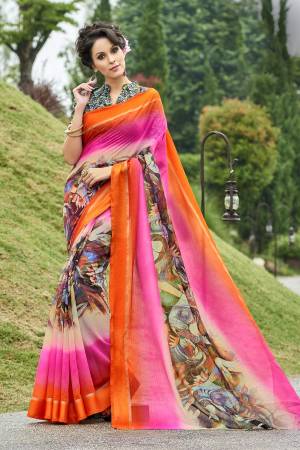 Shine Bright Wearing This Saree In Pink And Orange Color Paired With Multi Colored Blouse. This Saree And Blouse Are fabricated On Chanderi Silk Beautified With Prints Over The Saree And Blouse Both. Buy This Saree Now.