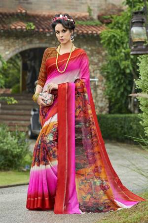 Beautiful Combination Is Here With This Saree In Pink And Red Color Paired With Multi Colored Blouse. This Saree And Blouse Are Fabricated On Chamderi Silk Beautified With Bold Prints. Buy Now.