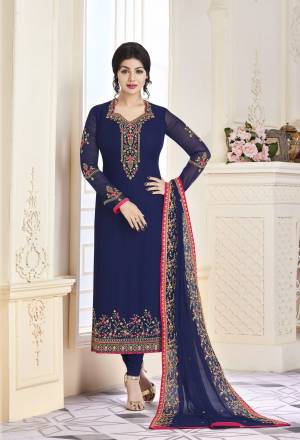 Shine Bright Wearing This Designer Straight Cut Suit In Blue Color Paired With Blue Colored Bottom And Dupatta. Its Top Is Fabricated On Georgette Paired With Santoon Bottom And Georgette Dupatta. It Has Heavy Embroidery Over The Top And Dupatta Which Will Earn You Lots Of Compliments From Onlookers.