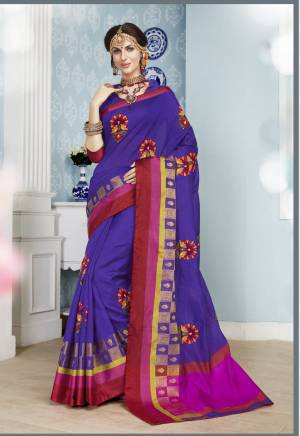 Add This New Shade To Your Wardrobe With This Saree In Violet Color Paired With Violet Colored Blouse. This Saree And Blouse Are Fabricated On Cotton Art Silk Beautified With Embroidery Over It. Buy This Saree Now.