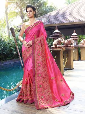 Attractive Color Is Here With This Designer Saree In Fushia Pink Color Paired With Beige Colored Blouse. This Saree And Blouse are Fabricated On Art Silk Beautified With Heavy Work. This Attractive Saree Will Give Your Personality An Amazing Look Like Never Before.