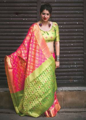 For A Glam Look, Grab This Very Pretty Saree In Fuschia Pink Color Paired With Contrasting Green Colored Blouse. This Saree And Blouse Are Fabricated On Banarasi Art Silk Beautified With Weave All Over It. This Saree Will Definitely Earn You Lots Of Compliments From Onlookers.