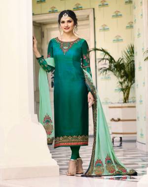 Add This Beautiful Shade Of Green With This Designer Straight Cut Suit In Teal Green Color Paired With Teal Green Colored Bottom And Contrasting Pastel Green Colored Dupatta. Its Top Is Fabricated On Soft Silk Paired With Santoon Bottom And Crepe Dupatta. Its All Three Fabrics Ensures Superb Comfort All Day Long. Buy Now.