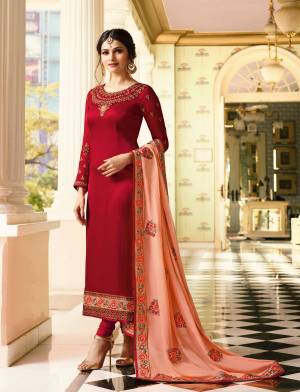 Adorn The Beautiful Angelic Look Wearing This Designer Straight Cut Suit In Red Color Paired With Red Colored Bottom And Contrasting Peach Colored Dupatta. Its Top Is Fabricated On Soft Silk Paired With Santoon Bottom And Crepe Dupatta. Get This Semi-Stitched Suit Tailored As Per Your Desired Comfort.
