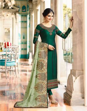 Add This Beautiful Shade Of Green With This Designer Straight Cut Suit In Pine Green Color Paired With Pine Green Colored Bottom And Contrasting Pastel Green Colored Dupatta. Its Top Is Fabricated On Soft Silk Paired With Santoon Bottom And Crepe Dupatta. Its All Three Fabrics Ensures Superb Comfort All Day Long. Buy Now.