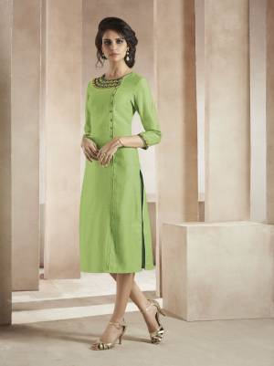 Here Is An Elegant Patterned Readymade Kurti In Light Green Color Fabricated On Soft Modal Beautified With Thread Work And  Buttons. This Kurti Is Light Weight And Easy To carry All day Long.