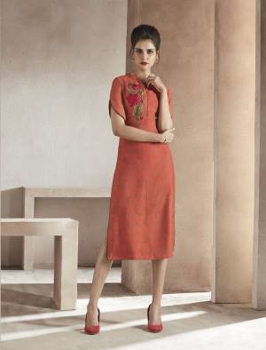 Orange Color Induces Perfect Summery Appeal To Any Outfit, So grab This Readymade Kurti In Light Orange Color Fabricated On Soft Modal Beautified With Thread Work , Also Which Is Available In Many Sizes. Buy This Kurti Now.
