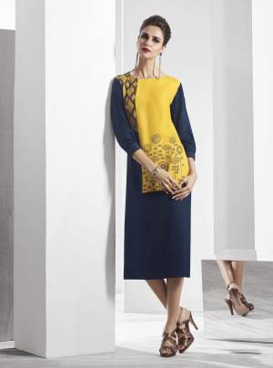 Blue & Yellow Color Kurti. Exclusively designed, this kurti with regular fit will enhance your curves and soft modal will keep you comfortable. Pair it with contrast leggings and sandals to get complimented for your classy choice.