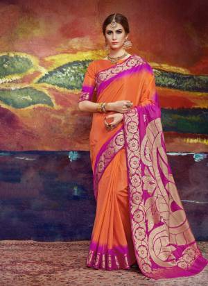 This Summer Beat The Heat Wearing Some Bright Colors Like This Saree In Oarnge And Rani Pink Paired With Orange Colored Blouse. This Saree And Blouse Are Fabricated On Nylon Art Silk Beautified With Weave. Buy This Saree Now.