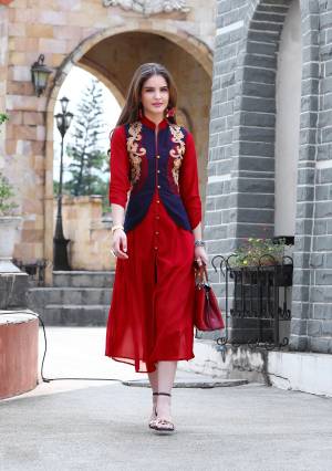 Adorn The Pretty Angelic Look Wearing This Readymade Designer Kurti In Red Color Fabricated On Georgette Beautified With Thread Work. This Kurti Is Light Weight And Easy To Carry All Day Long.