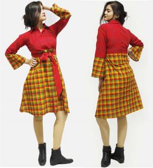 Go Colorful With This Pretty Attractive Dress In Red And Yellow Color Fabricated On Cotton Beautified With Checks Prints. This Readymade Kurti Is Available In Many Sizes. Buy Now.