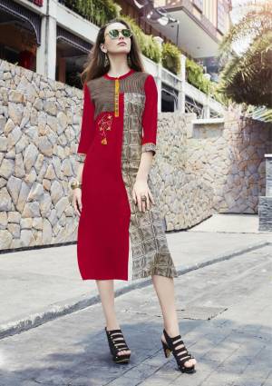 Grab This Readymade Kurti For Your Semi-Casual Wear In Red Color Fabricated On Cotton Beautified With Prints All Over It. This Kurti Is Light Weight And Easy To Carry All Day Long. Buy Now.