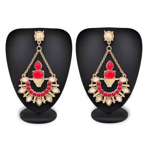 Trendy Set Of Earring Is Here With Pair Of Earring In Golden Color Beautified with Red Colored Stones. This Is Also Indo-Western Can Be Paired With A Simple Kurti Or Heavy Dress.