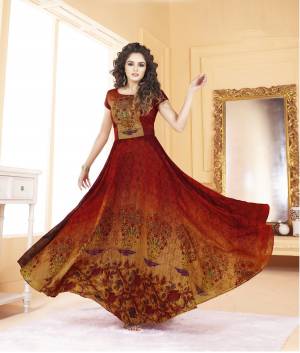 This Summer Beat The Heat With Bright And Attractive Colors Wearing This Readymade Gown In Red and Yellow Color Fabricated On Tussar Art Silk Beautified With Digital Prints All Over It. Buy this Readymade Gown Now.