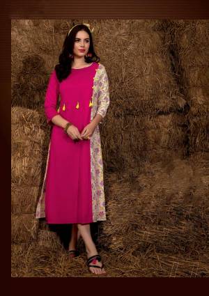 Look Pretty Wearing This Lovely Readymade Kurti In Pink Color Fabricated On Rayon Cotton Beautified With Prints All Over It. This Kurti Is Light Weight And also Available In Many Sizes. Buy Now.
