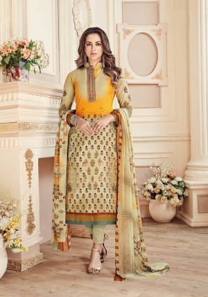Simple And Elegant Looking Dress Material Is Here In Beige Colored Top Paired With Beige Colored Bottom And Dupatta. Its Top And Bottom Are Fabricated On Cotton Paired With Chiffon Dupatta. It Is Beautified With Prints And Thread Work. Get This Stitched As Per Your Desired Fit And Comfort.
