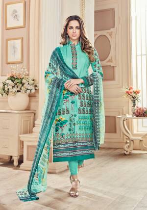 Beat The Heat With This Cool Colored Straight Suit In Turquoise Blue Color Paired With Turquoise Blue Colored Bottom And Dupatta. Its Top And Bottom And Bottom Are Fabricated On Cotton Paired With Chiffon Dupatta. Get This Dress Material Stitched As Per Your Desired Fit And Comfort.
