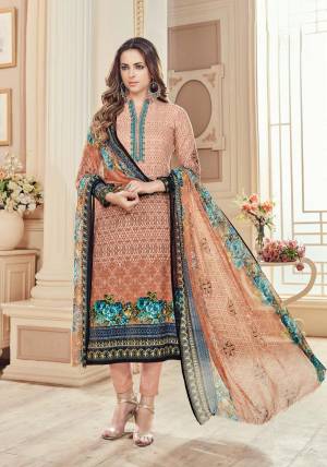 A Must Have Color In Womens Woardrobe Is Here With This Lovely Peach Colored Dress Material Paired With Peach Colored Bottom And Dupatta. Its Top And Bottom Are Fabricated On Cotton Paired With Chiffon Dupatta. Buy Now.