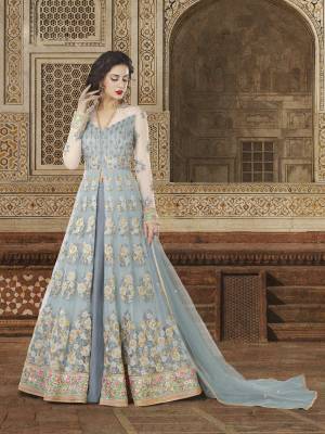 Flaunt Your Rich And Elegant Personality Wearing This Designer Indo-Western Suit In Grey Color Paired With Grey Colored, Lehenga, Bottom And Dupatta. Its Top Is Fabricated On Net Paired With Art Silk Fabricated Lehenga and Bottom And Net Dupatta.