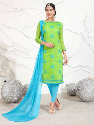 Two Lovely Colors Are Here With This Beautiful Green Colored Top Paired With Contrasting Sky Blue Colored Bottom And Dupatta. Its Top Is Fabricated On Chanderi Cotton Paired With  Cotton Bottom And Chiffon Dupatta. Get This Dress Material Stitched As Per Your Regular Comfort. 