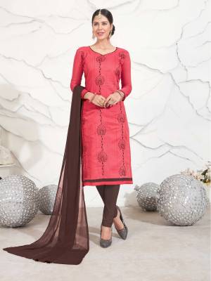 Look Beautiful In This New Shade Of Pink With This Old Rose Pink Colored Top Paired With Contrasting Brown Colored Bottom and Dupatta. This Dress Material Is Fabricated On Chanderi Cotton Paired With Cotton Bottom And Chiffon Dupatta. This Suit Is Light In Weight And Easy To Carry All Day Long.