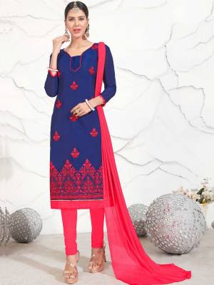 Bright And Visually Appealing Colors Are Here With This Dress Material In Royal Blue Colored Top Paired With Contrasting Pink Colored Bottom And Dupatta. Its Top Is Fabricated On Chanderi Cotton Paired With Cotton Bottom And Chiffon Dupatta. It Has Attractive Contrasting Embroidery Over The Top. Buy Now.