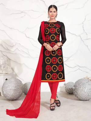Enhance Your Beauty Wearing This Dress Material In Black Color Paired With Red Colored Bottom And Dupatta. This Dress Material Is Fabricated On Chanderi Cotton Paired With Cotton Bottom and Chiffon Dupatta. Get This Stitched As Per Your Desired Fit And Comfort.