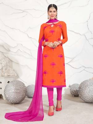 Shine Bright Wearing This Casual Suit In Orange Color Paired With Contrasting Rani Pink Colored Bottom And Dupatta. Its Top Is Fabricated On Chanderi Cotton Paired With Cotton Bottom And Chiffon Dupatta. Its Top Is Beautified With Contrasting Simple Embroidery. Buy This Dress Material Now.