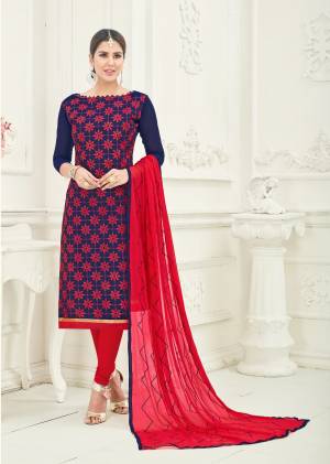 This Simple And Lovely Blue And Red Colored Embroidery Chanderi Suit Is A Must For The Upcoming Casual Season. It?S An Ensemble That Is Simply Necessary For The Day To Day. Buy These Amazing Suit Collection Now.