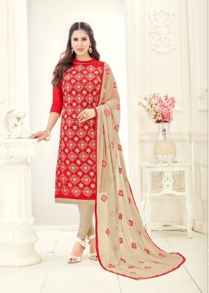 This Amazing  Suit Has Red Colored Fancy Embroidery Pattern On All Over The Top.The Red Colored Top Is Fabricated In Chanderi, While The Bottom Is Made Of Cotton Fabric. The Beige Colored Chiffon Embroidered Dupatta. This Stylish Just For You.