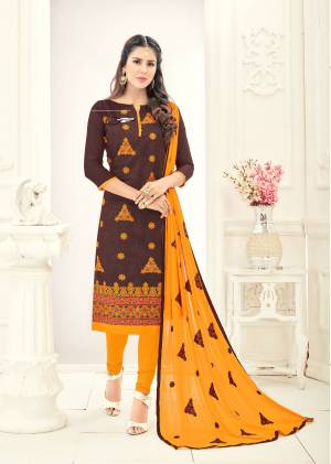 This Suit Is Quite Comfortable To Wear, The Subtle Pattern Make This Suit Look Even More Beautiful. This Suit Has A Yellow Colored Embroidery Pattern On The Suits.The Brown Colored Top Is Fabricated In Chanderi, While The Bottom Is Made Of Cotton Fabric. The Chiffon Fabric Dupatta. This Lovely Suit For Your Stylish Lady.