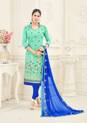 Being Beautiful And Looking Beautiful Are Two Different Things, We Have For You These Casual Suits That Will Definitely Make You Look Beautiful. This Lovely Turquoise Blue Colored Suit Is Fabricated In Chanderi And Paired With A Blue Color Cotton Fabricated Bottom. Its Chiffon Dupatta Adds Grace To The Combination. Wear It And Shine.